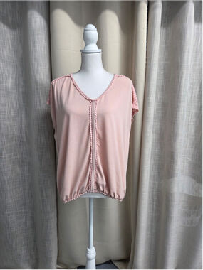 Storybuk Light Pink V-Neck Short Sleeve Blouse Trim Detail Feminine Size L